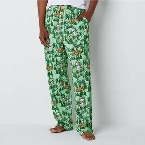 Peanuts Snoopy and Woodstock Green Happy Camper Forest Print Pajama Pants Mens M
